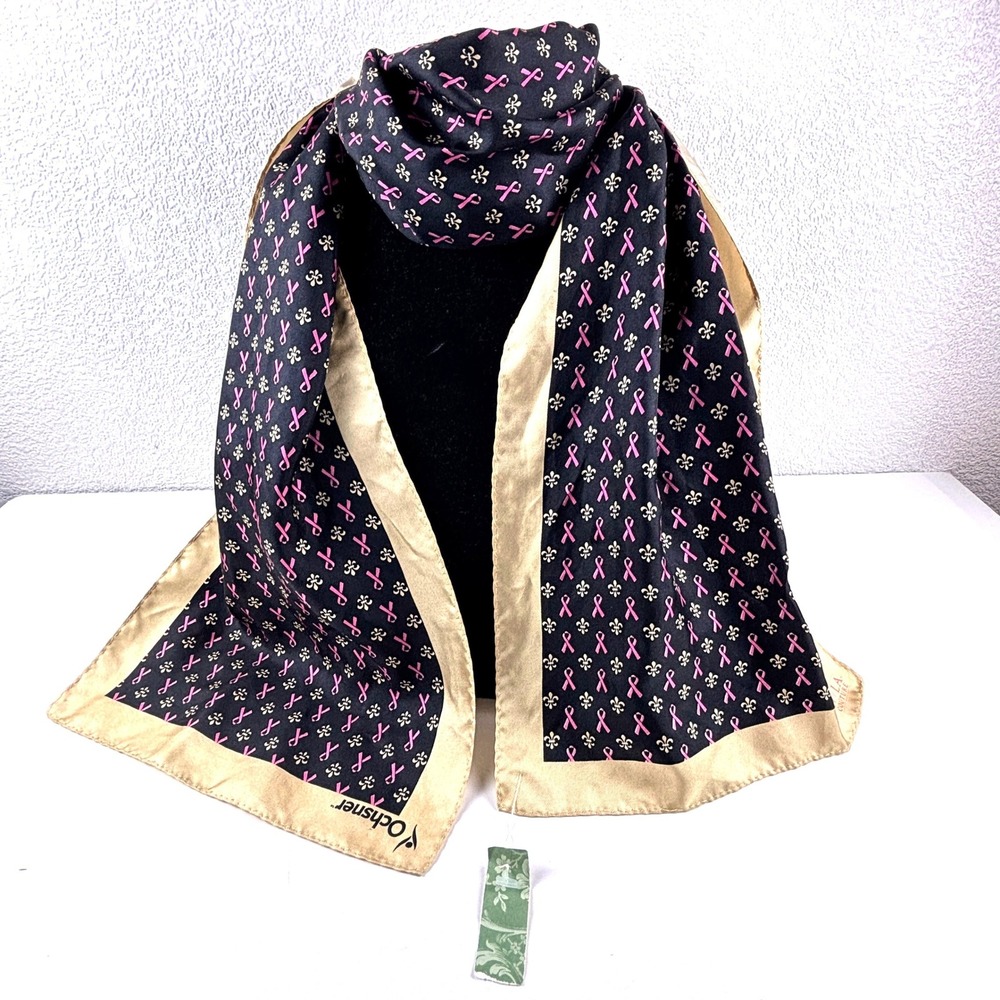 New Nola Couture‎ Scarf Women OS Black Gold Pink 100%Silk Fleur De Lis Ribbon